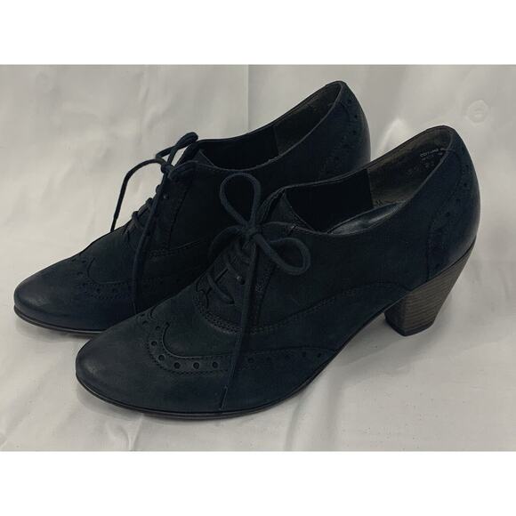 PAUL GREEN Kelsey Nubuck Wingtip Oxford Ankle Booties Pumps Chunky Heels 8 Black - Picture 1 of 14